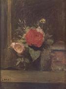 Bouquet de fleurs dans un verre a cote d'un pot a tabac (mk11) Jean Baptiste Camille  Corot